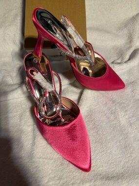 Coutgo 7.5 Women's Pink Satin Pointed-Toe Slingback Heels with Rhinestone Straps